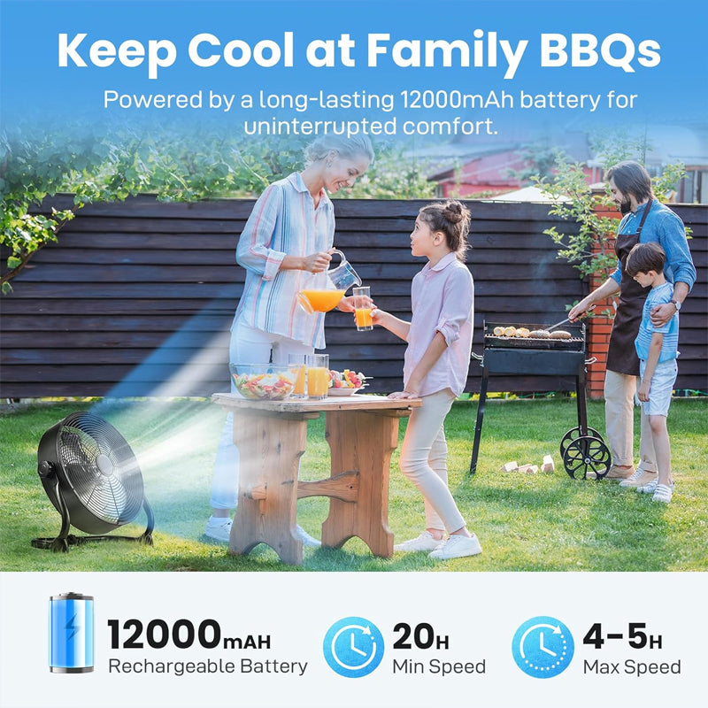 BowLift | 12" Cordless Fan Portable Rechargeable Cordless Fan 360° Tilt Industrial Heavy Duty Floor Fan