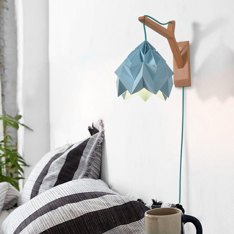 BowLift | Curved Shadow Paper Wall Lamp Macaron 1 Head White/Pink/Yellow/Blue/Green Sconce Lamp with Wooden Backplate