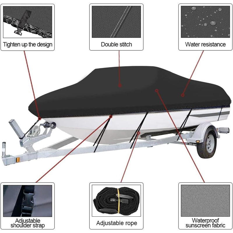 BowLift | 14'-16' 210D Boat Cover Oxford Fabric Trailerable Boat Cover Waterproof Mooring Cover with Strap Black