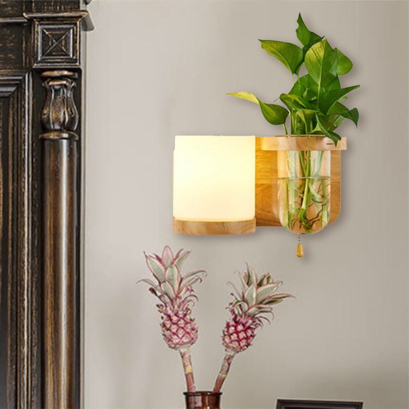 BowLift | 1 Light source wall-mounted light industrial cylindrical opal glass LED wall sconce made of wood, left/right