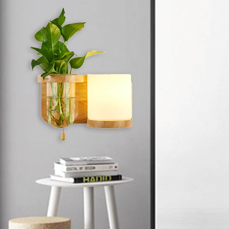 BowLift | 1 Light source wall-mounted light industrial cylindrical opal glass LED wall sconce made of wood, left/right