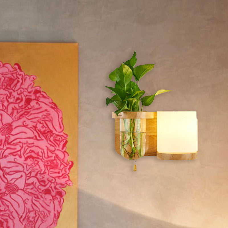 BowLift | 1 Light source wall-mounted light industrial cylindrical opal glass LED wall sconce made of wood, left/right