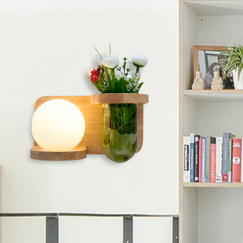 BowLift | Milk glass surface wall lamp industrial 1 head bedroom LED wall lighting in wood, left/right