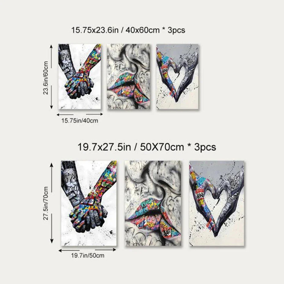 BowLift | 3PCS Modern Love Hand in Hand Kiss the Kiss Poster Graffiti Banksy Street Wall Art Canvas Painting Prints Pictures Room Decoration