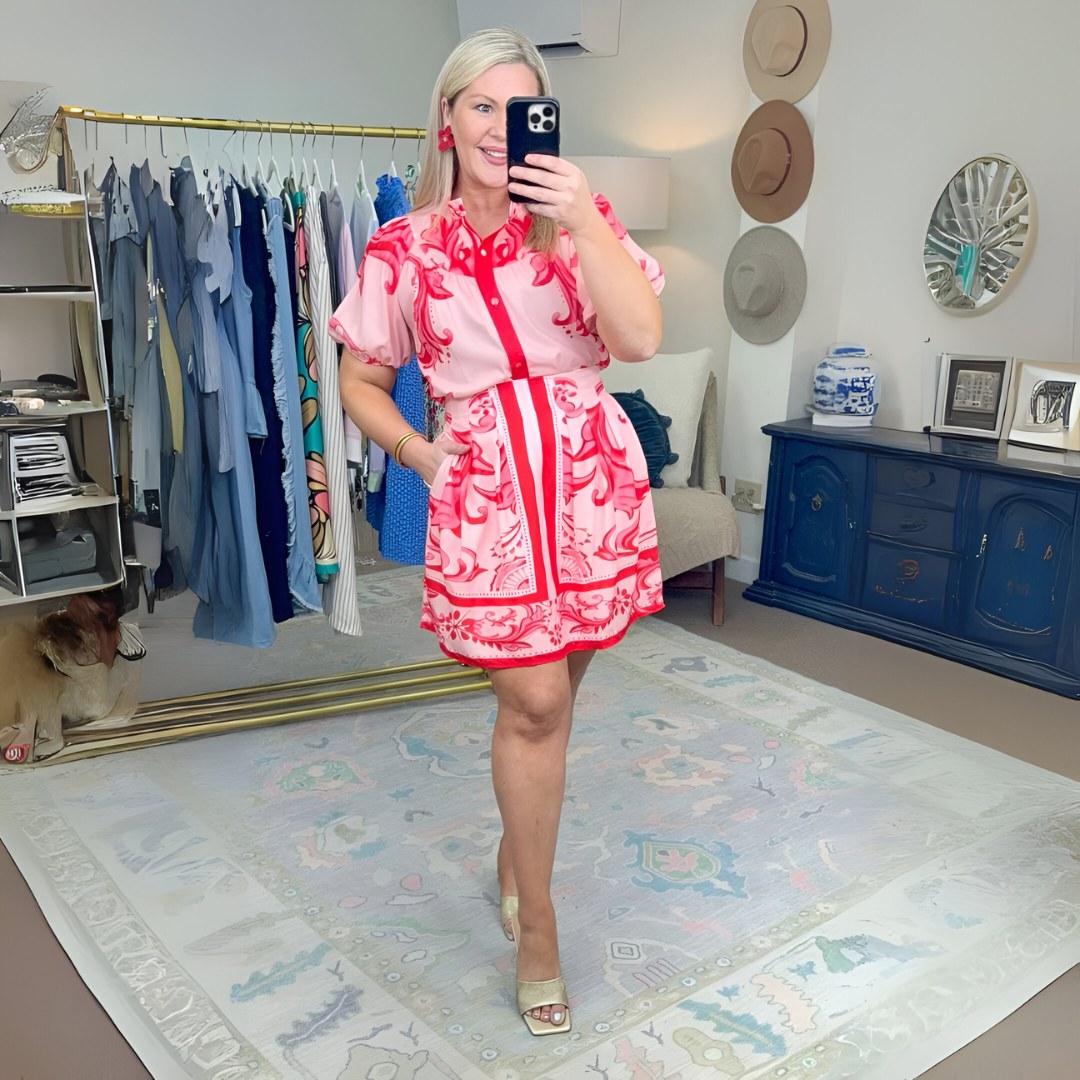 A-Line Puff Sleeve Dress with Button Detail and Pockets