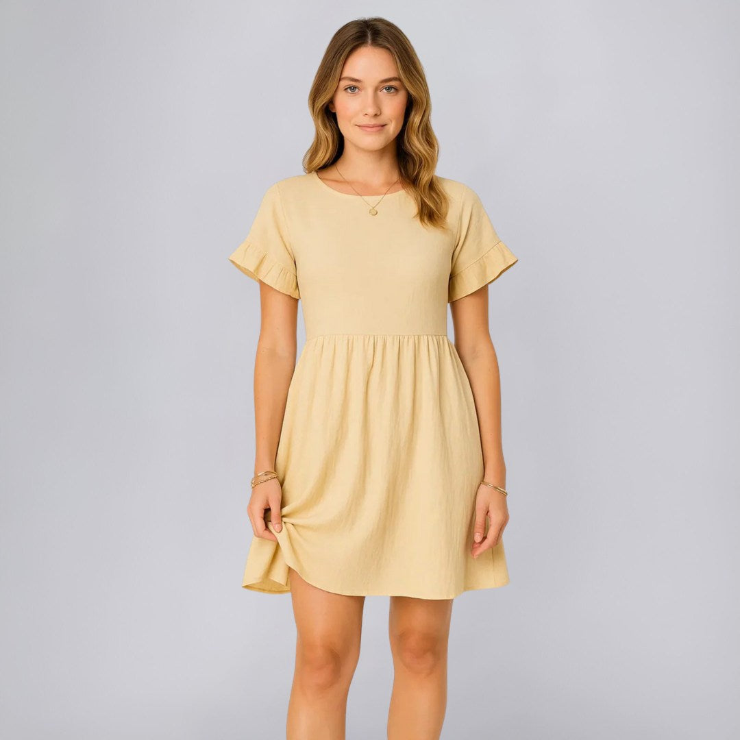 A-Line Cotton Linen Dress with Ruffle Sleeves
