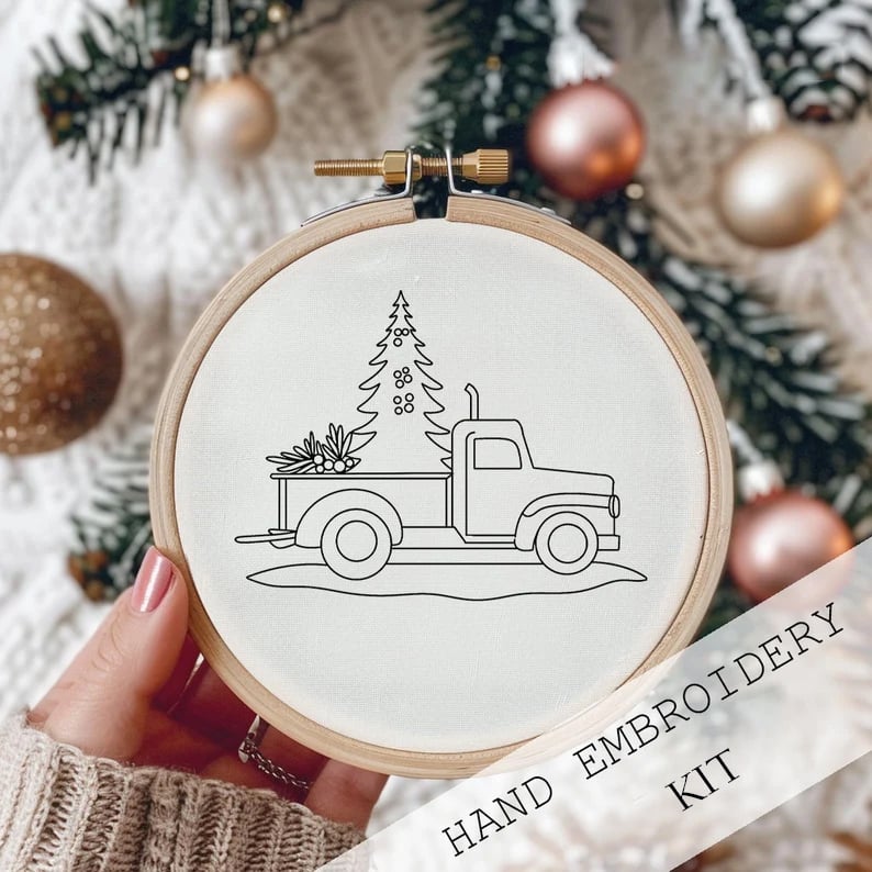 BowLift | Christmas Embroidery Kit | Winter Snowy Village Pattern | Beginner Craft Set with Hoop & Threads