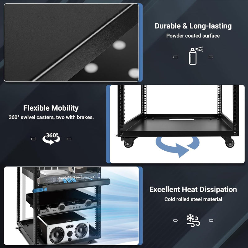 BowLift | 15U Server Rack Open Frame Network Server Rack AV Rack with Casters and Rack Shelves