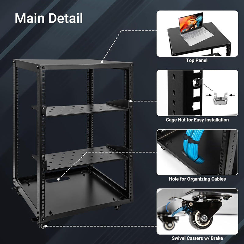 BowLift | 15U Server Rack Open Frame Network Server Rack AV Rack with Casters and Rack Shelves