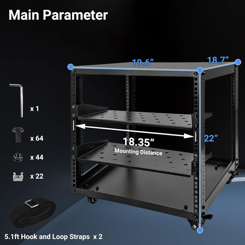 BowLift | 10U Open Frame Server Rack with Swivel Casters AV Rack for Stereo / Computer / Data / IT Equipment