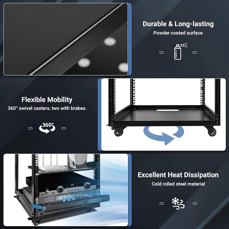 BowLift | 10U Open Frame Server Rack with Swivel Casters AV Rack for Stereo / Computer / Data / IT Equipment