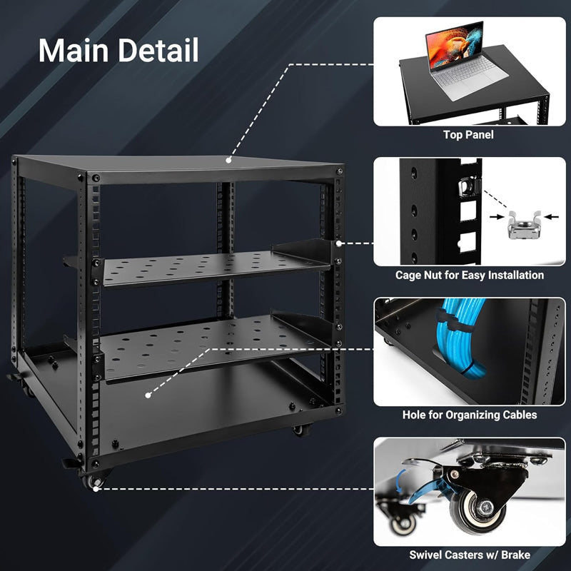 BowLift | 10U Open Frame Server Rack with Swivel Casters AV Rack for Stereo / Computer / Data / IT Equipment