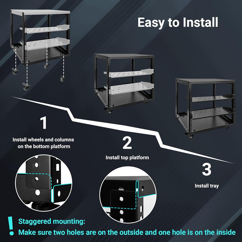 BowLift | 10U Open Frame Server Rack with Swivel Casters AV Rack for Stereo / Computer / Data / IT Equipment