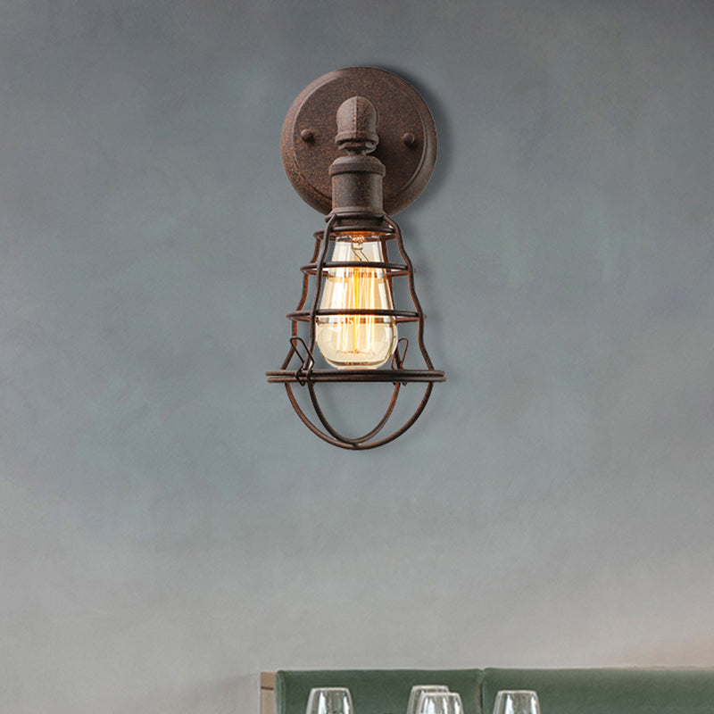 BowLift | Wire Frame Iron Wall Lamp with Pipe Farmhouse 1 Head Dining Room Mini Wall Lamp in Rust