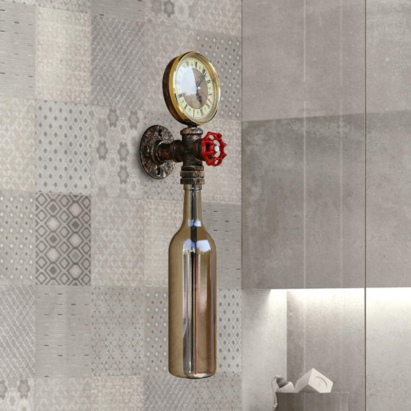 BowLift | Brown/Blue Bottle Wall Sconce Lamp Vintage Stylish Glass 1 Bulb Living Room Wall Lighting with Manometer and Valve