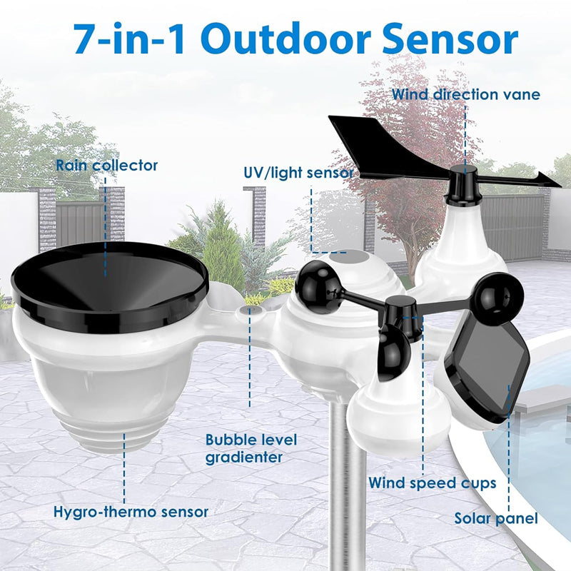BowLift | Wireless Weather Station 7-in-1 Weather Station 7.5 inch Large Color Display Home Weather Station