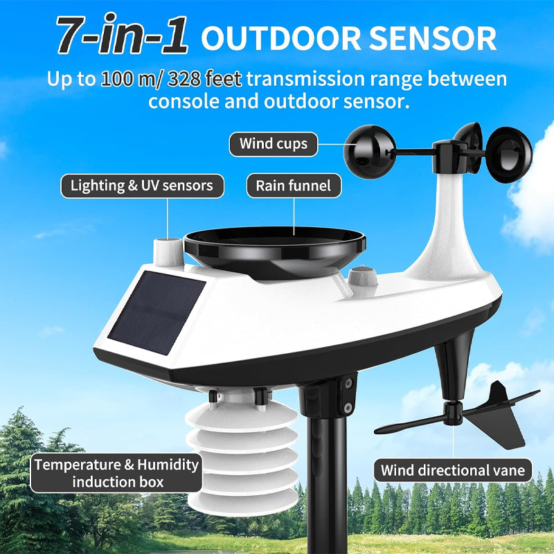 BowLift | Wi-Fi Weather Station 7-in-1 Wireless Weather Station Indoor/Outdoor Weather Station with Solar Wireless Sensor