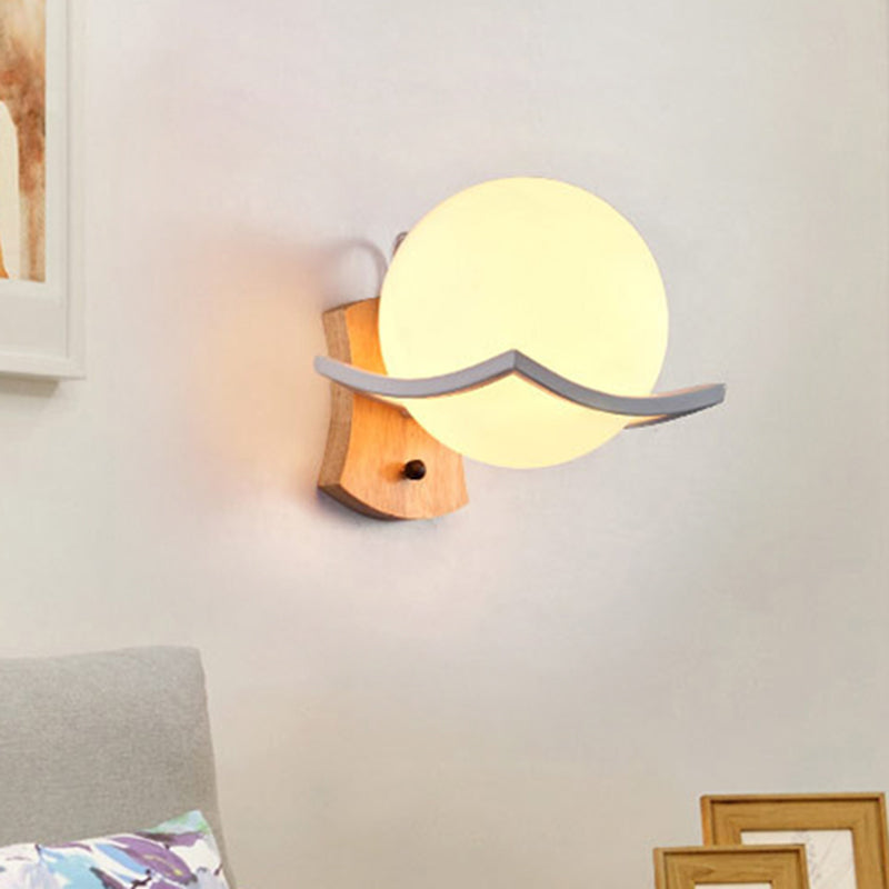 BowLift | Wood One Light Wall Lamp Nordic White Glass Globe Lighting Fixture for Living Room