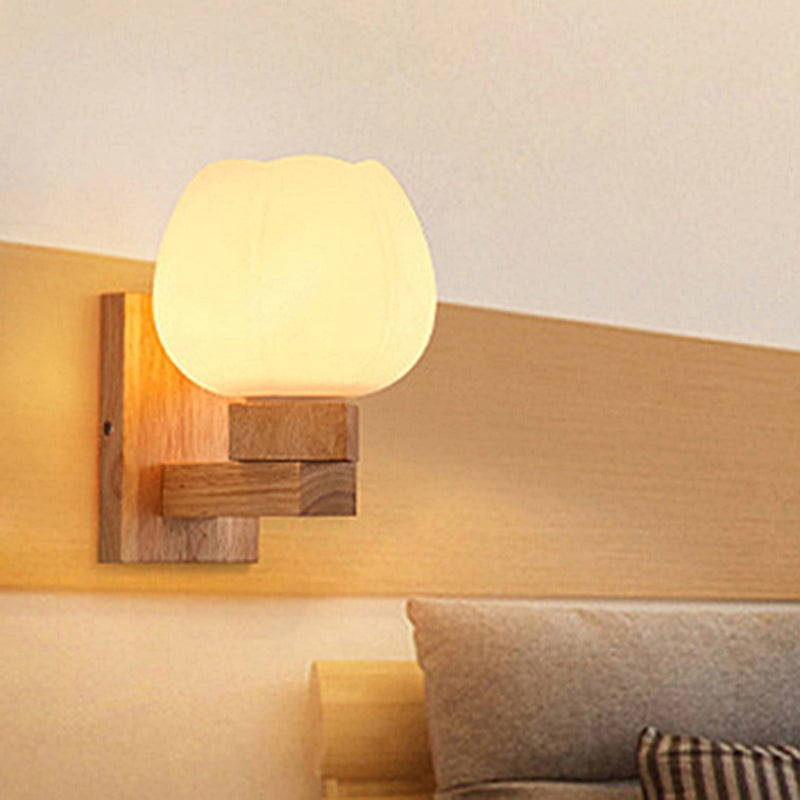 BowLift | Single Bulb Opal Glass Wall Light Nordic Wood Bowl Bedroom Lighting Fixture