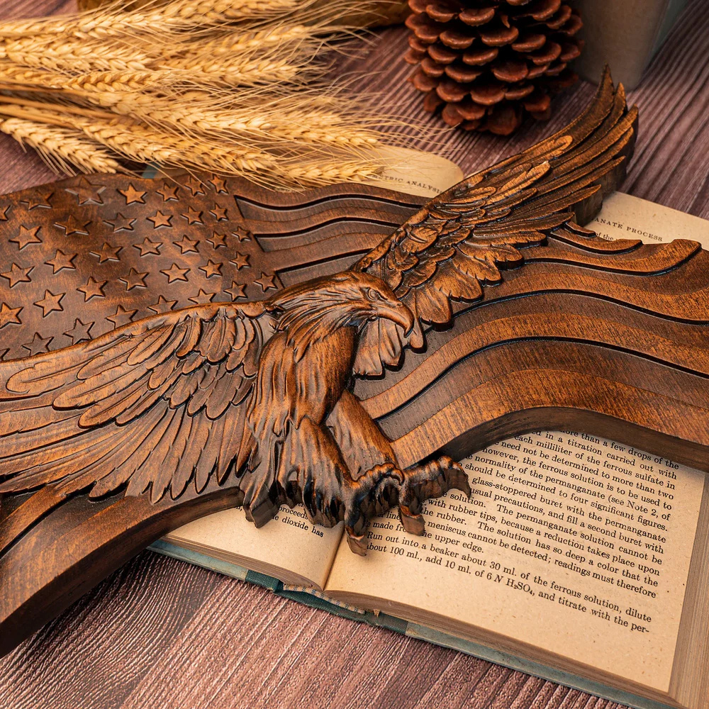 BowLift | American Flag Wood Wall Art Hand Carved Eagle Patriotic Decoration