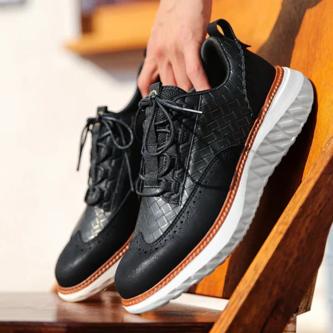 Woven Leather Sneakers with Brogue Detailing and Contrast Sole