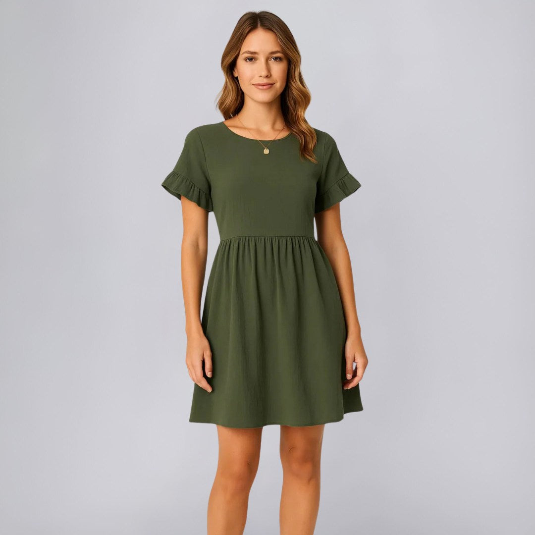A-Line Cotton Linen Dress with Ruffle Sleeves