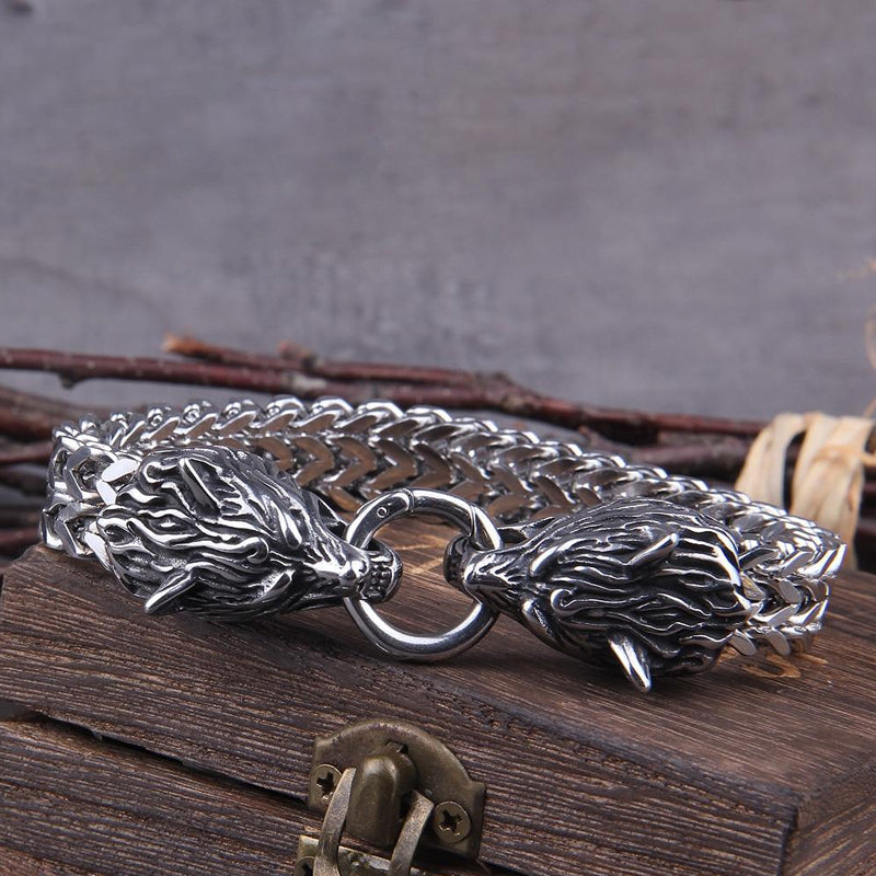 BowLift | Viking Stainless Steel Double Wolf Head Fenrir Bracelet