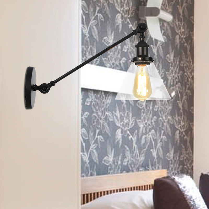 BowLift | Industrial Conical Wall Lamp 1 Light Clear Glass Lighting in Black/Bronze/Brass, 8"/12" L Arm