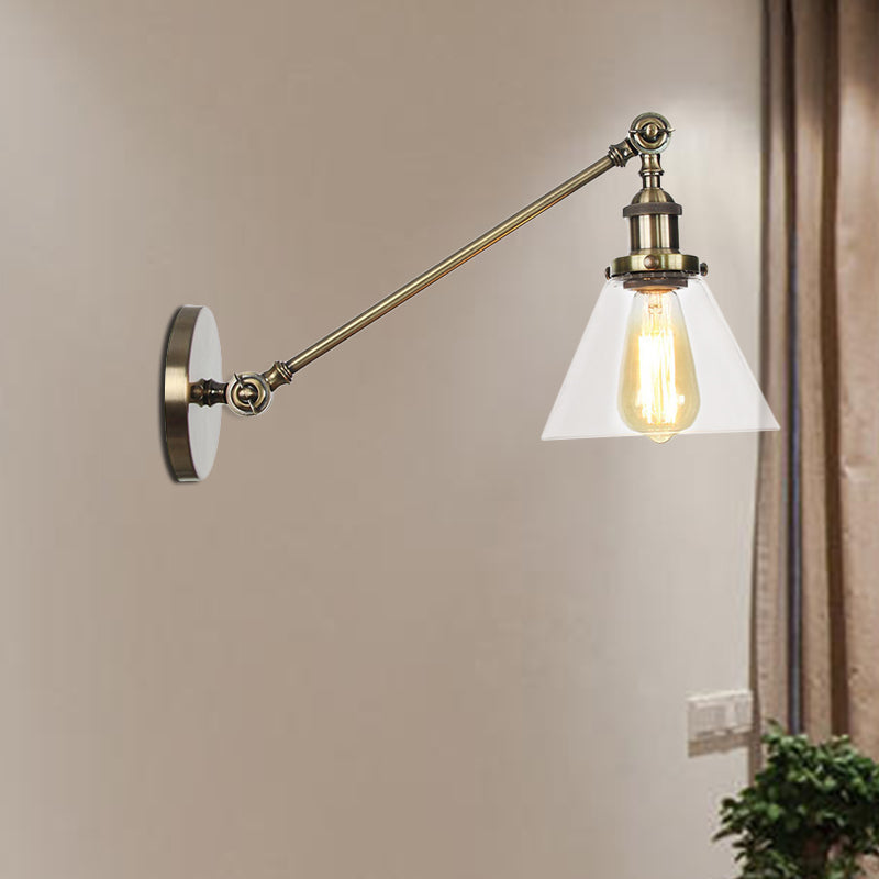 BowLift | Industrial Conical Wall Lamp 1 Light Clear Glass Lighting in Black/Bronze/Brass, 8"/12" L Arm