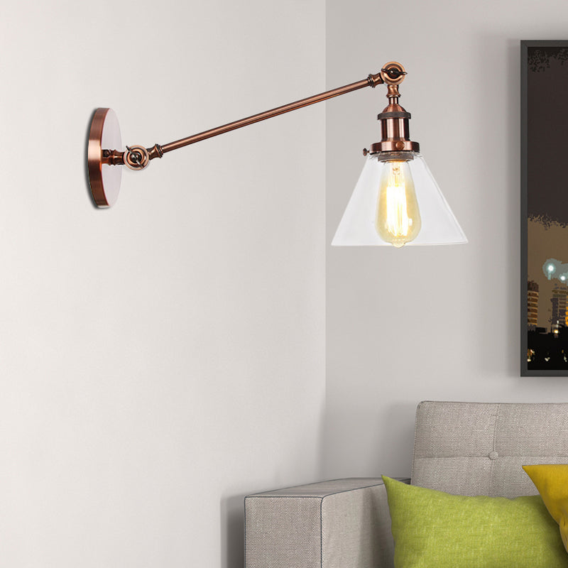 BowLift | Industrial Conical Wall Lamp 1 Light Clear Glass Lighting in Black/Bronze/Brass, 8"/12" L Arm