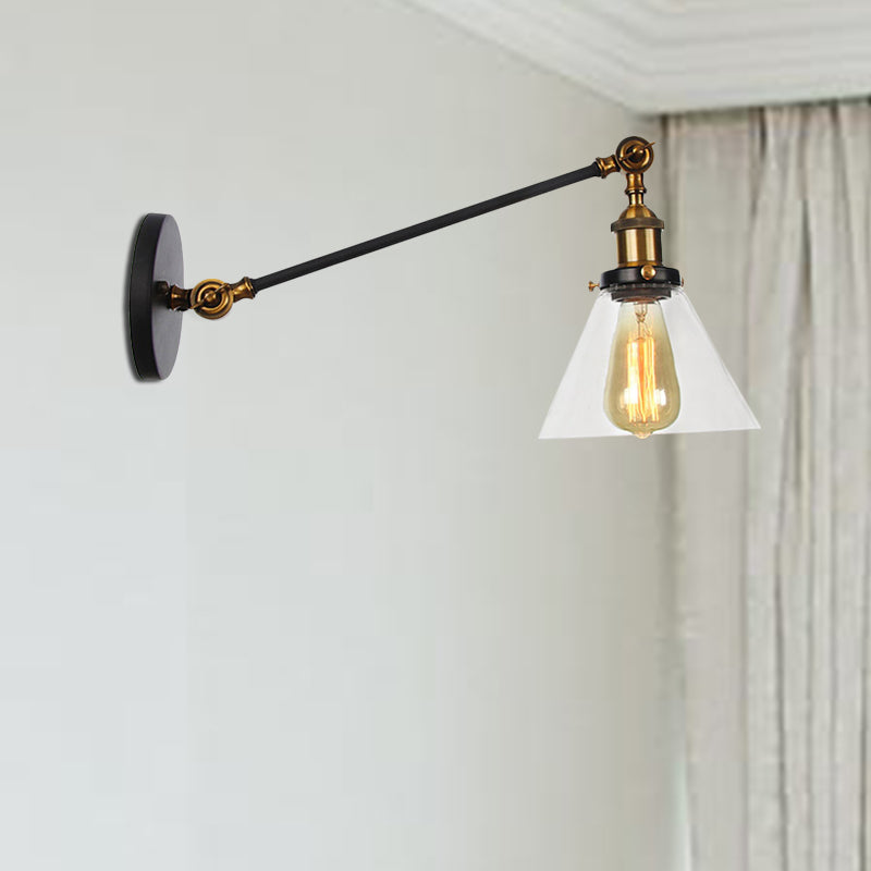 BowLift | Industrial Conical Wall Lamp 1 Light Clear Glass Lighting in Black/Bronze/Brass, 8"/12" L Arm