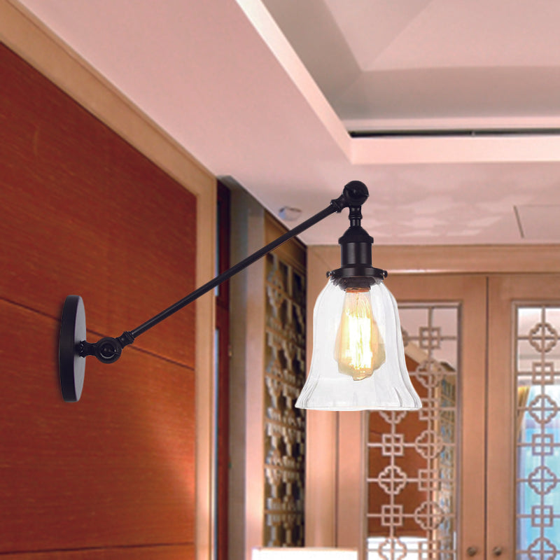 BowLift | Black/Bronze/Brass 1 Light Wall Lighting Unit Vintage Clear Glass Bell Wall Lamp with Arm, 8"/12" Long