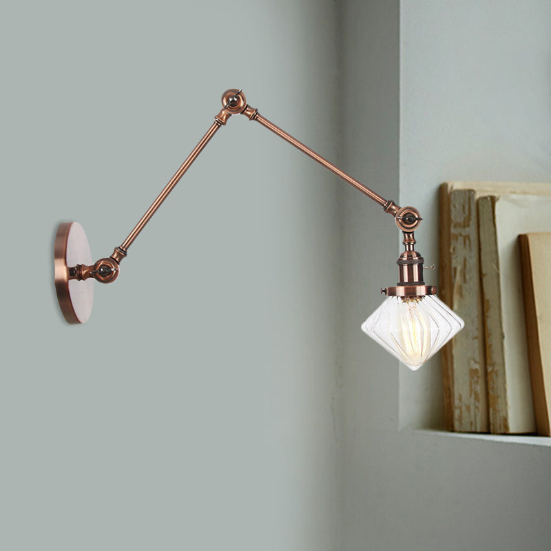 BowLift | 1 Light Dining Room Wall Lamp Vintage Black/Bronze/Brass Wall Mounted Lamp with Diamond Clear/Amber Glass Shade, 8"+8"/8"+8"+8" L Adjustable Arm