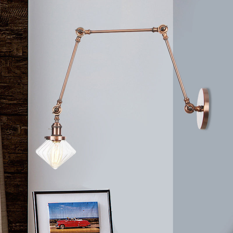 BowLift | 1 Light Dining Room Wall Lamp Vintage Black/Bronze/Brass Wall Mounted Lamp with Diamond Clear/Amber Glass Shade, 8"+8"/8"+8"+8" L Adjustable Arm