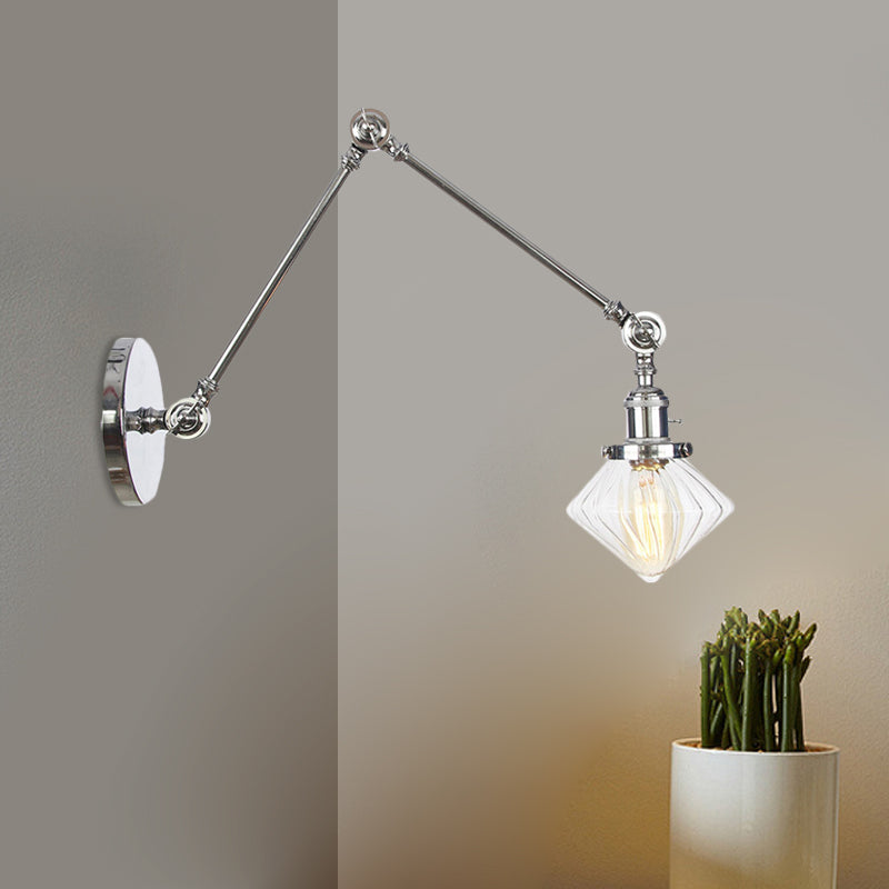 BowLift | 1 Light Dining Room Wall Lamp Vintage Black/Bronze/Brass Wall Mounted Lamp with Diamond Clear/Amber Glass Shade, 8"+8"/8"+8"+8" L Adjustable Arm