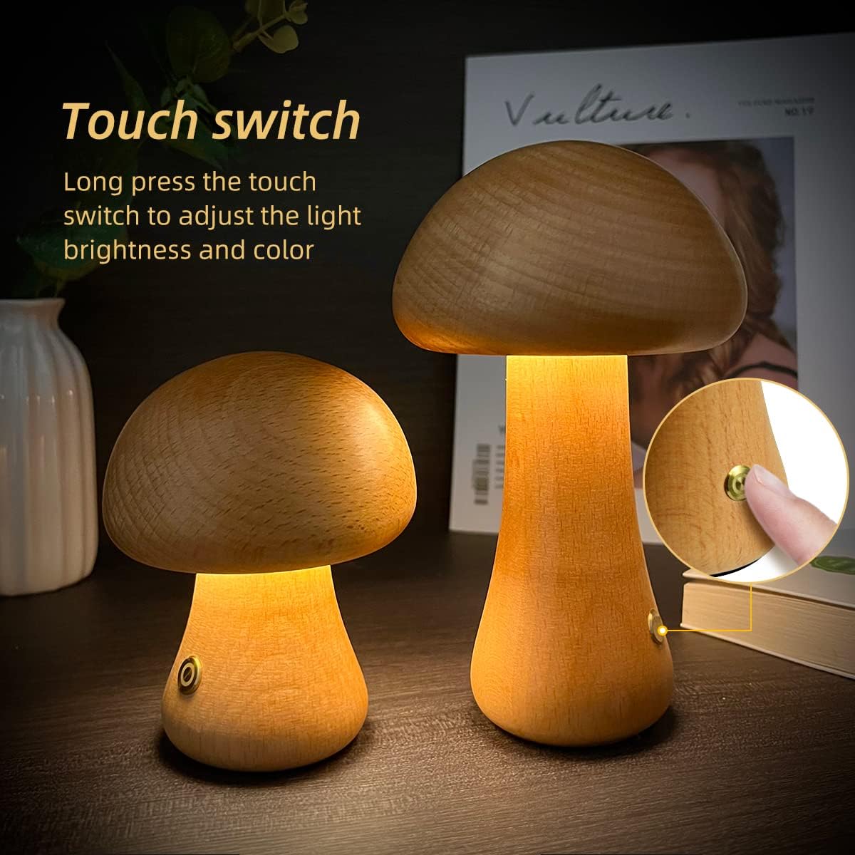 BowLift | Wooden Mushroom LED Night Light – Charming Lamp in Natural Design for Cozy Atmosphere