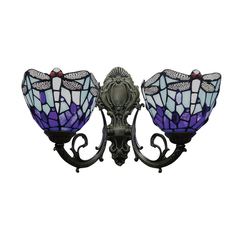 BowLift | 8.5"/11" Width Dragonfly Living Room Wall Lamp Stained Glass 2 Heads Tiffany Vintage Wall Light in Blue