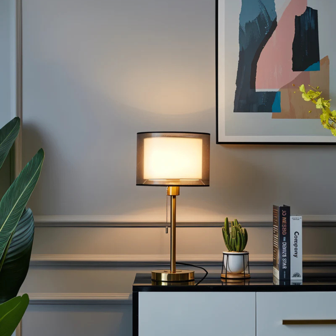 BowLift | Lumis – Vintage Table Lamp with Double Fabric Shade | Warm Ambient Lighting for Bedroom or Living Room