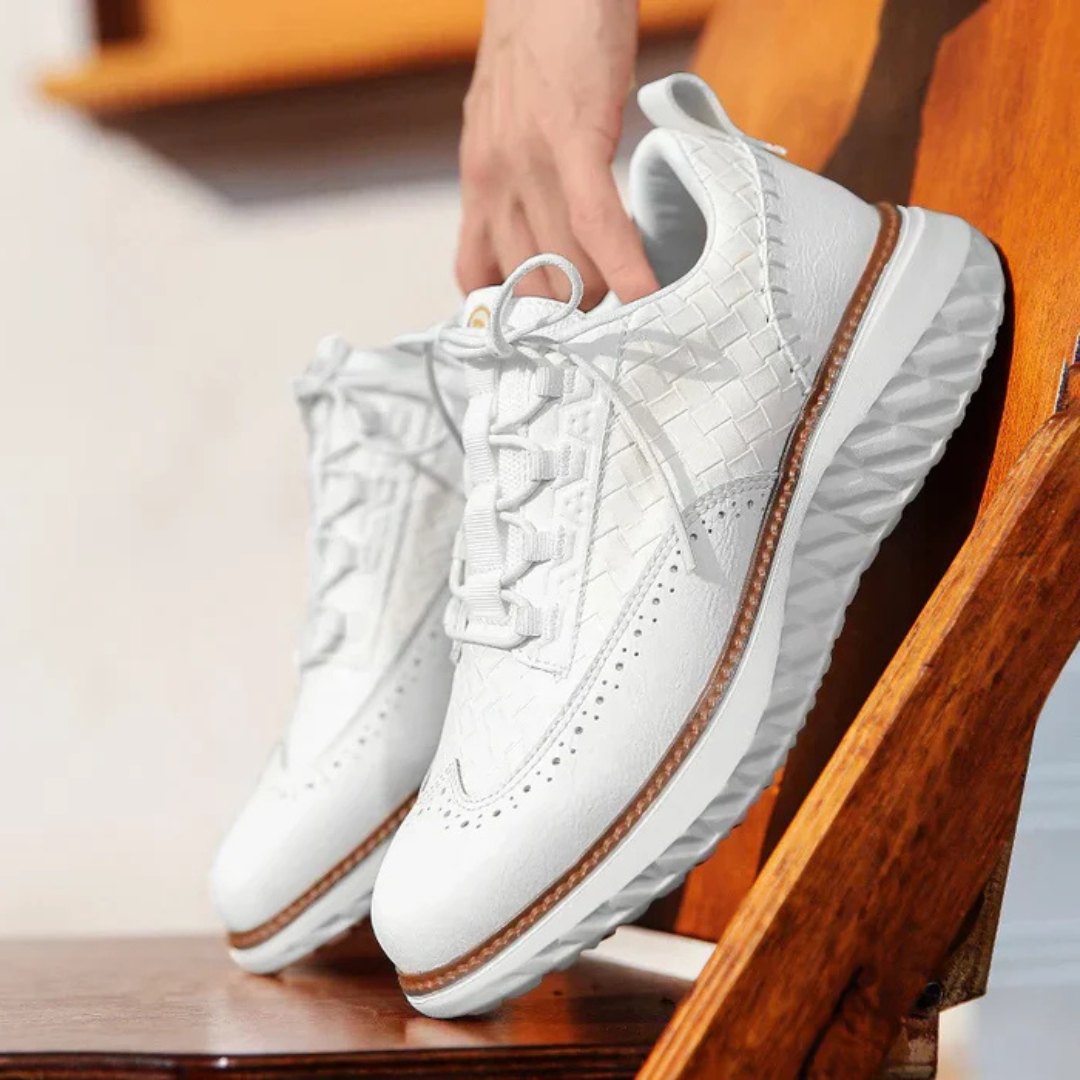 Woven Leather Sneakers with Brogue Detailing and Contrast Sole