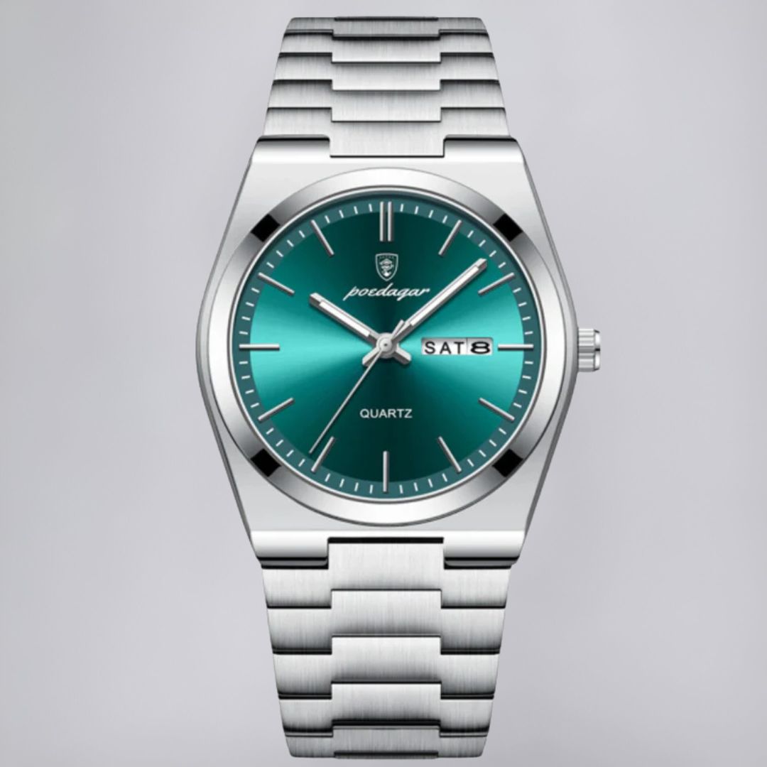 Stainless Steel Watch with Emerald Green Dial and Day-Date Display