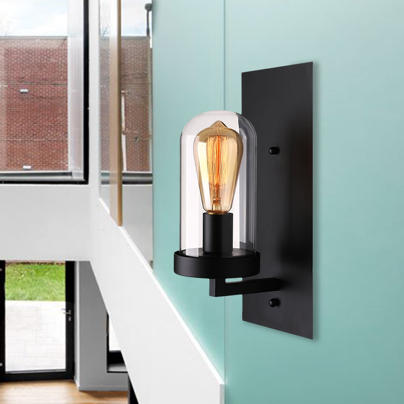 BowLift | A wall lamp with a capsule shade made of clear glass, industrial living room wall lighting in black