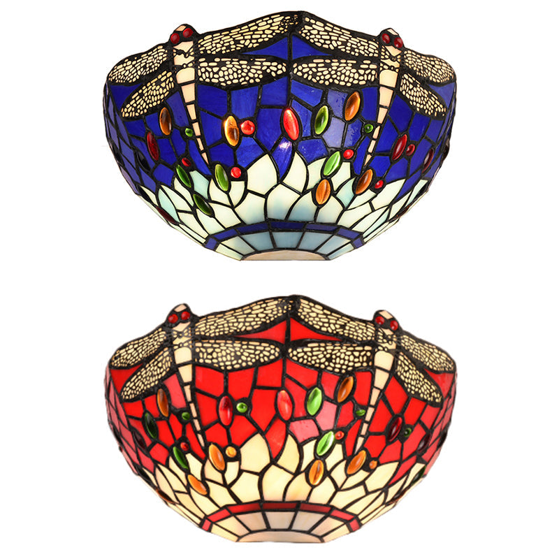 BowLift | Semi-circular wall lamp with dragonfly and decorative Tiffany glass wall light in red/blue for café