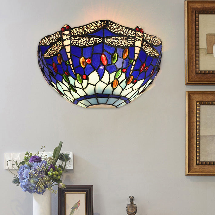 BowLift | Semi-circular wall lamp with dragonfly and decorative Tiffany glass wall light in red/blue for café