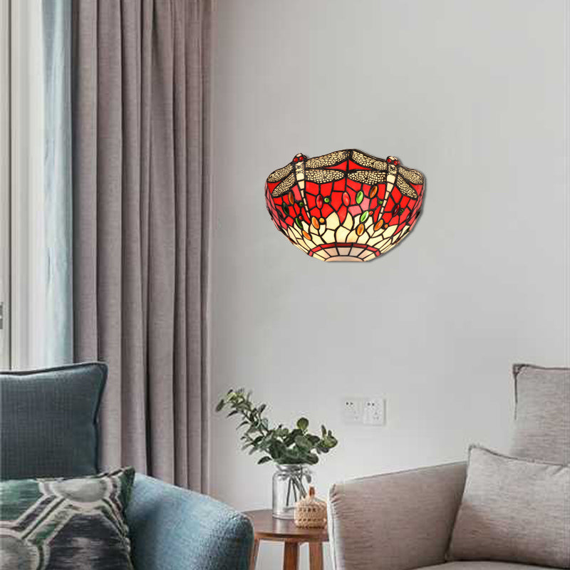 BowLift | Semi-circular wall lamp with dragonfly and decorative Tiffany glass wall light in red/blue for café