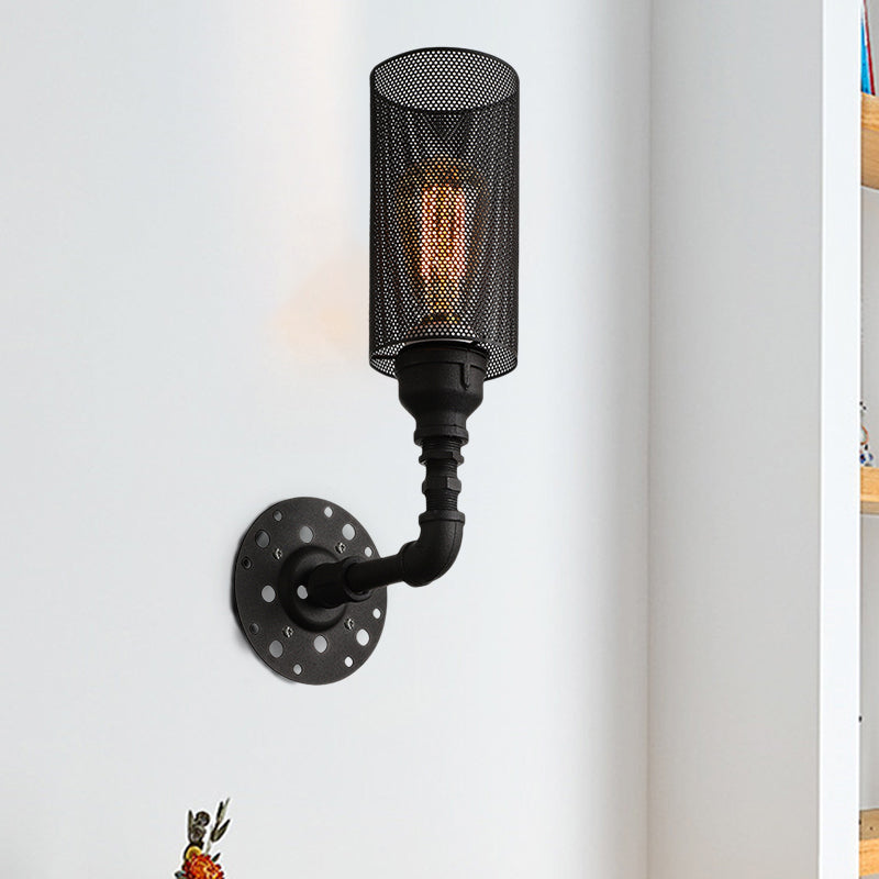 BowLift | Metallic Cylinder Wall Lighting with Mesh Pattern Vintage Stylish 1 Light Restaurant Wall Mount Light in Black