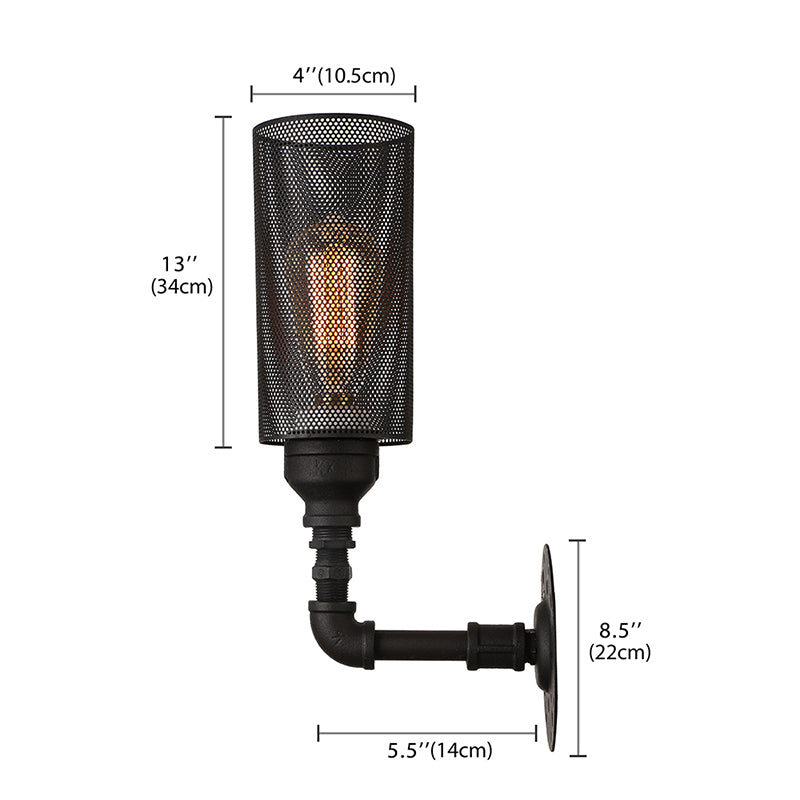 BowLift | Metallic Cylinder Wall Lighting with Mesh Pattern Vintage Stylish 1 Light Restaurant Wall Mount Light in Black