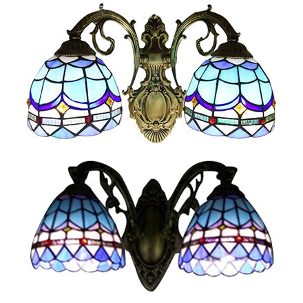 BowLift | Baroque Dome Wall Lamp with Curved Arm Colored Glass 2 Light Wall Lamp 11"/8.5" Height in Blue for Bedroom