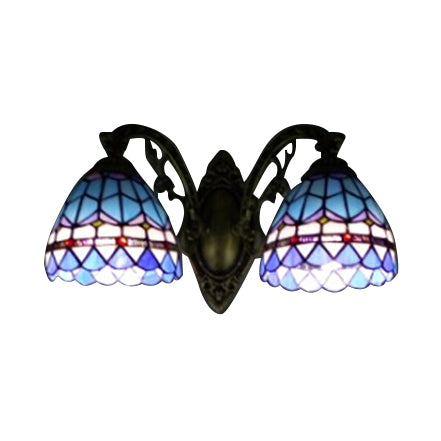 BowLift | Baroque Dome Wall Lamp with Curved Arm Colored Glass 2 Light Wall Lamp 11"/8.5" Height in Blue for Bedroom