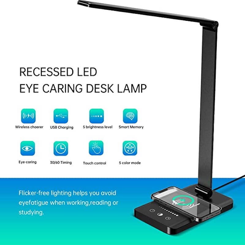 BowLift | LED desk lamp with USB charging port, dimmable eye-friendly reading lamp for home, with 5 brightness levels & 3 light modes, touch control, auto timer (Black)