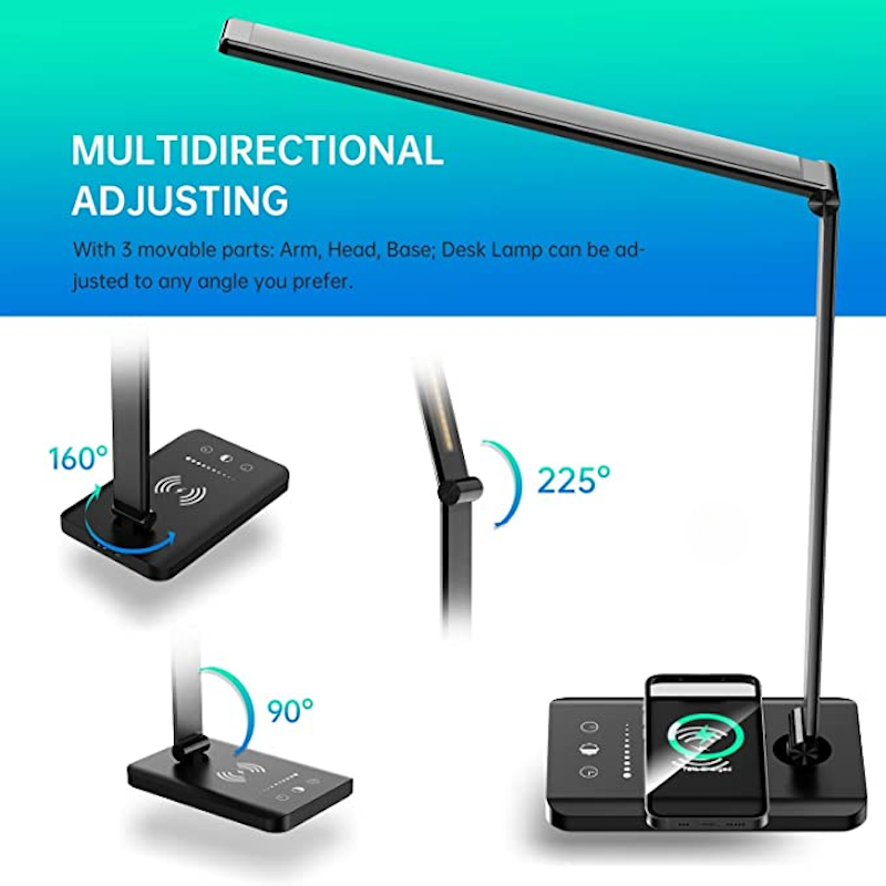 BowLift | LED desk lamp with USB charging port, dimmable eye-friendly reading lamp for home, with 5 brightness levels & 3 light modes, touch control, auto timer (Black)